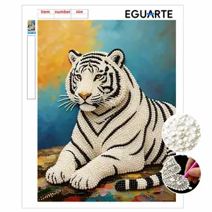 DIY Pearl Painting Kit, Frameless Tiger Pattern, Self-Stick Canvas, Stress Relief Craft, Home Decor Wall Art, Mosaic Jewelry Gift