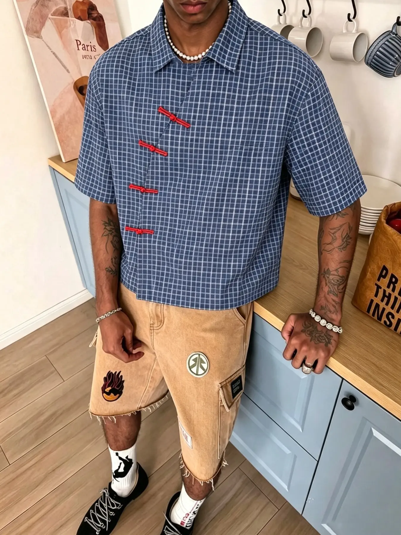 Men's Traditional Button Shirt, Vintage Blue Plaid Collar, Short Sleeve, Breathable Fabric, Casual Daily Wear, Street Style, Summer