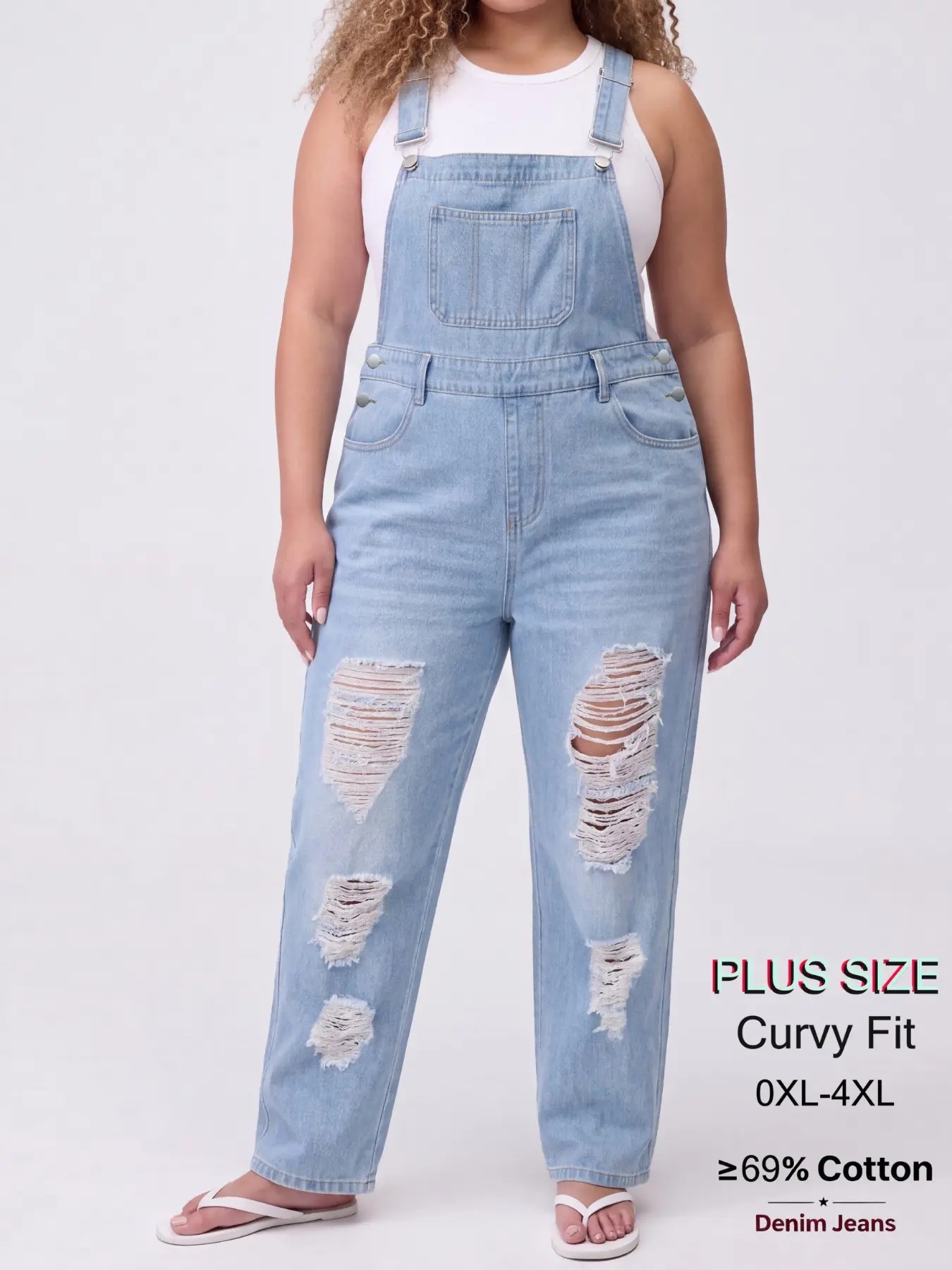 Women's Plus Size Curvy Light Blue Ripped Denim Overall Pants, Fashion Loose Fit Jeans for Weekend Casual Outing, Trendy Comfortable Style