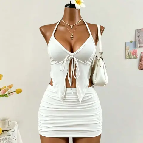 Women's Sexy Sweet Style Deep V Neck Strap Top & High Waist Mini Elastic Bodycon Stretchy Skirt Two Piece Set for Beach Vacation