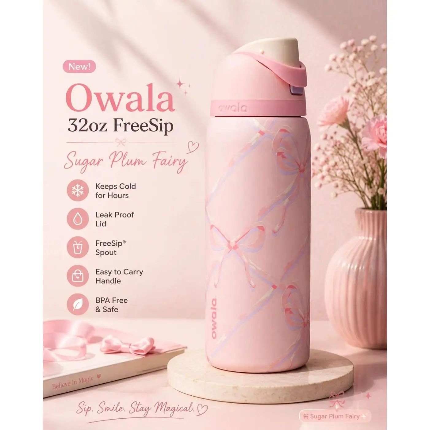 Owala Sugar Plum Fairy 32 Oz FreeSip Reusable Washable Water Bottle - Portable Bottled Drinkware with Pink Bow, Glam Look Kitchenware Drink Bottle