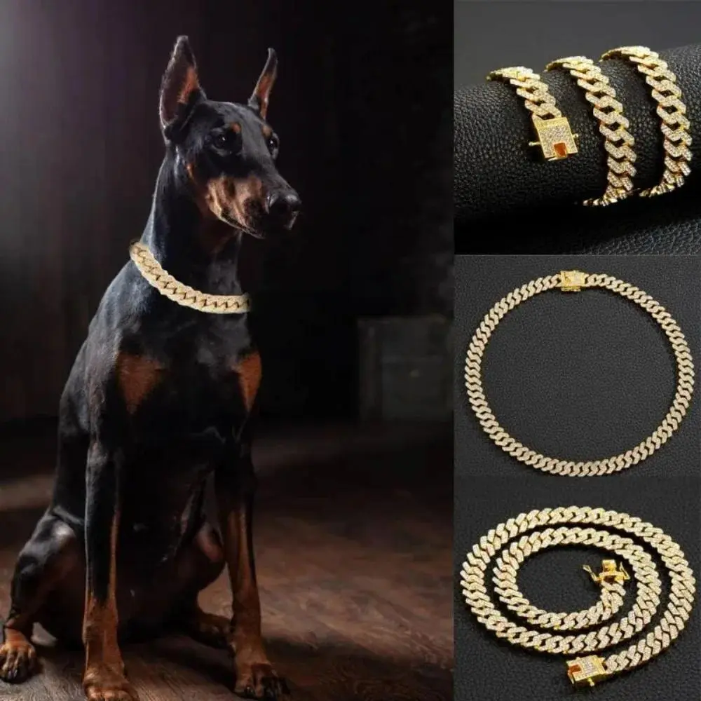 Cuban Chain Dog Collar Stainless Steel Adjustable Safety Buckle Walking Collar for Small Medium Breeds