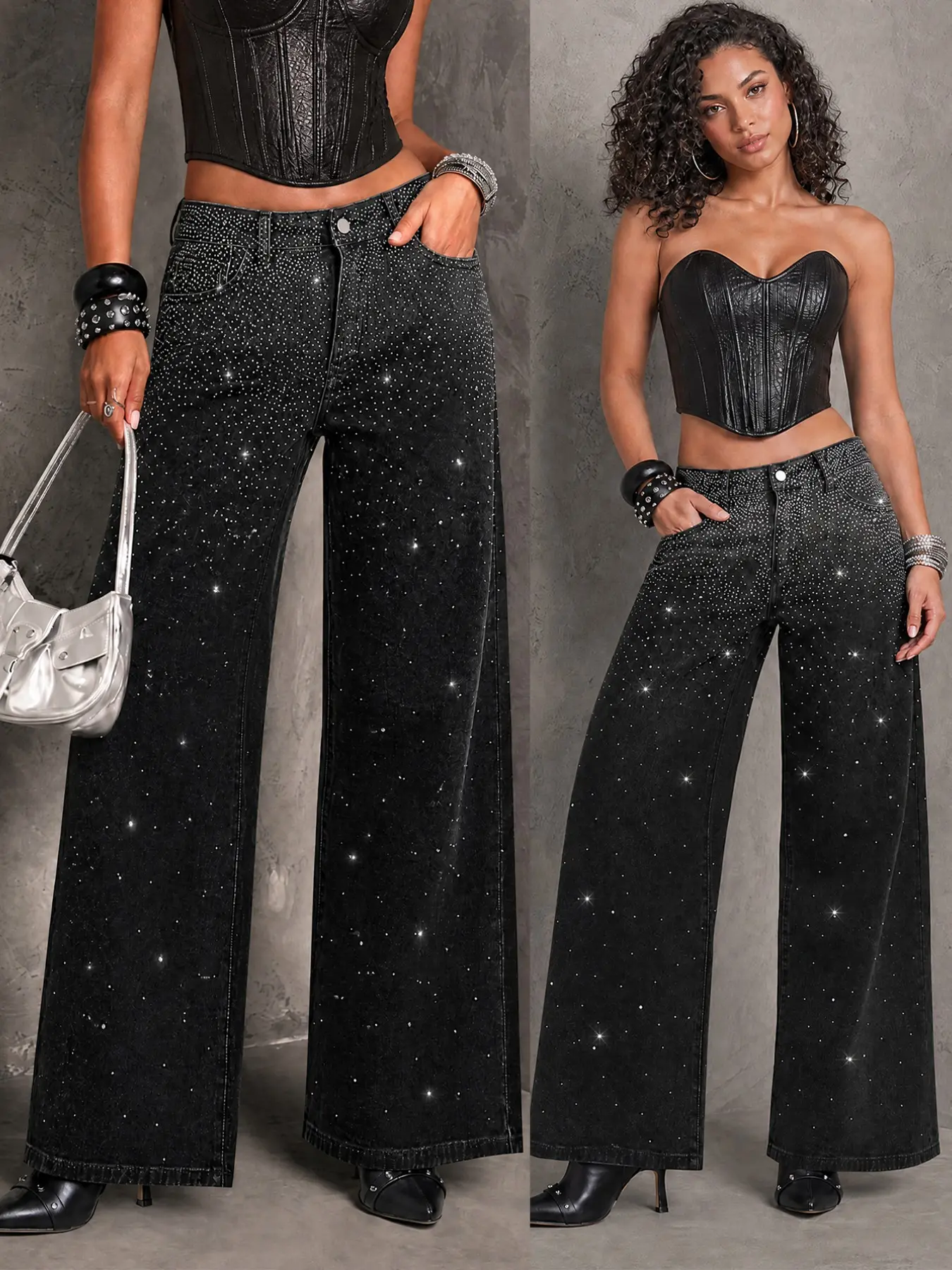 Women's Rhinestone Jeans, High-Waisted Loose Fit Wide Leg Pants, Spring & Fall Fashion, Button Fly, Mid Waist, Solid Color, Long Length