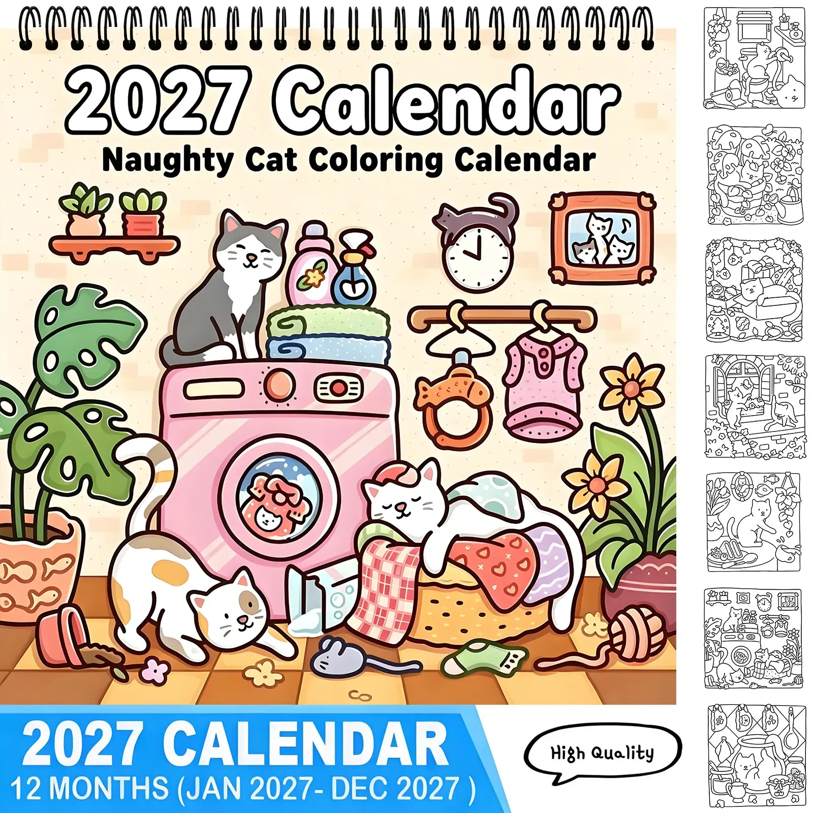 2027 Naughty Cat Coloring Calendar, 12 Months Cute Kitty Line Art Wall Calendar Jan-Dec 2027, Hanging Coloring Planner Calendar, Home Decor Gift For Cat Lovers & Coloring Fans,r, Relaxing Activity Calendar,Coloring Calendar,Activity Calendar