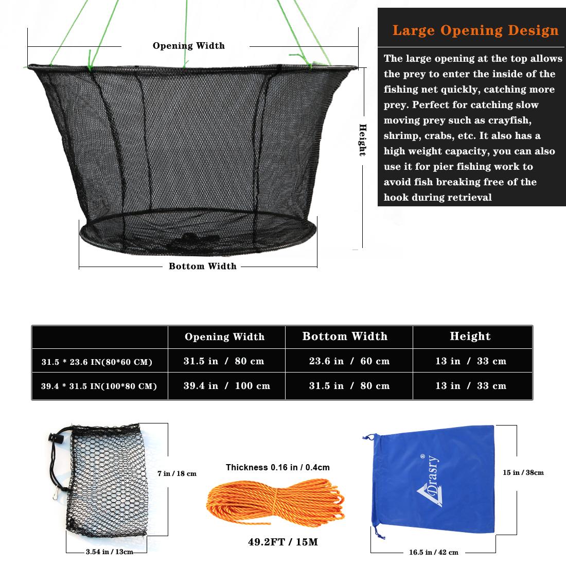 Drasry Functional Foldable Mesh Fish Trap - 31.5 * 23.6 In (80 * 60 Cm)) Folding Fishing Net, Crab Traps, Fishing Gear and Equipment for Catching Crayfish, Shrimp, Minnows