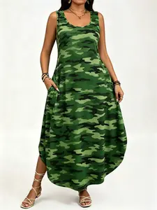 Women's Plus Size  All Over Print Camouflage Pocket Split Tank Dress, Casual Sleeveless U Neck Long Dress for Summer, Women's  Clothing for Daily Wear