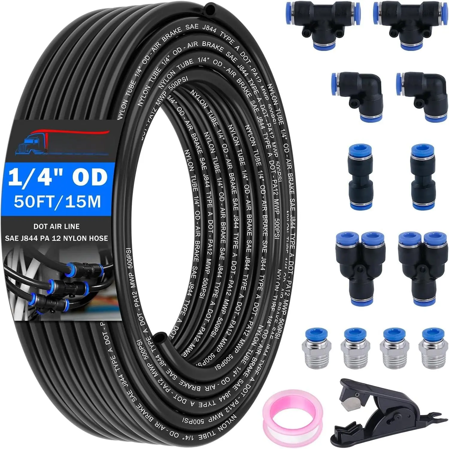 1/4" Air Line Tubing Kit,1/4" OD DOT Air Line 50 FT(15 m) SAE j844 PA Nylon Air Hose Tube and Push to Connect Fitting for Air  System Or Fluid Transfer,15 Pcs Compressed Accessories Kit