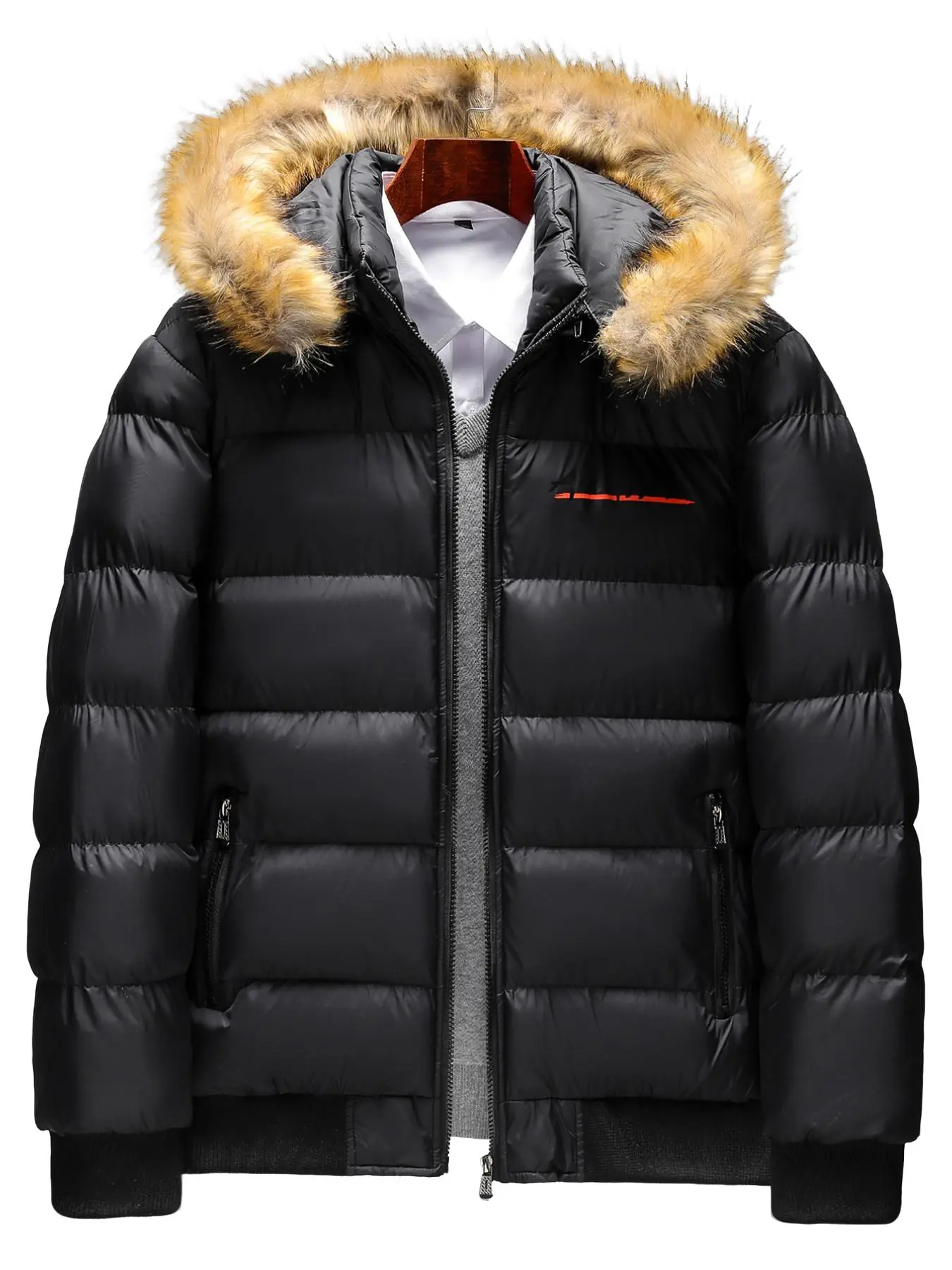 Men Faux Fur Hooded Parka Padded Casual Jacket, Fleece Lined Thick Quilted Winter Workwear Coat