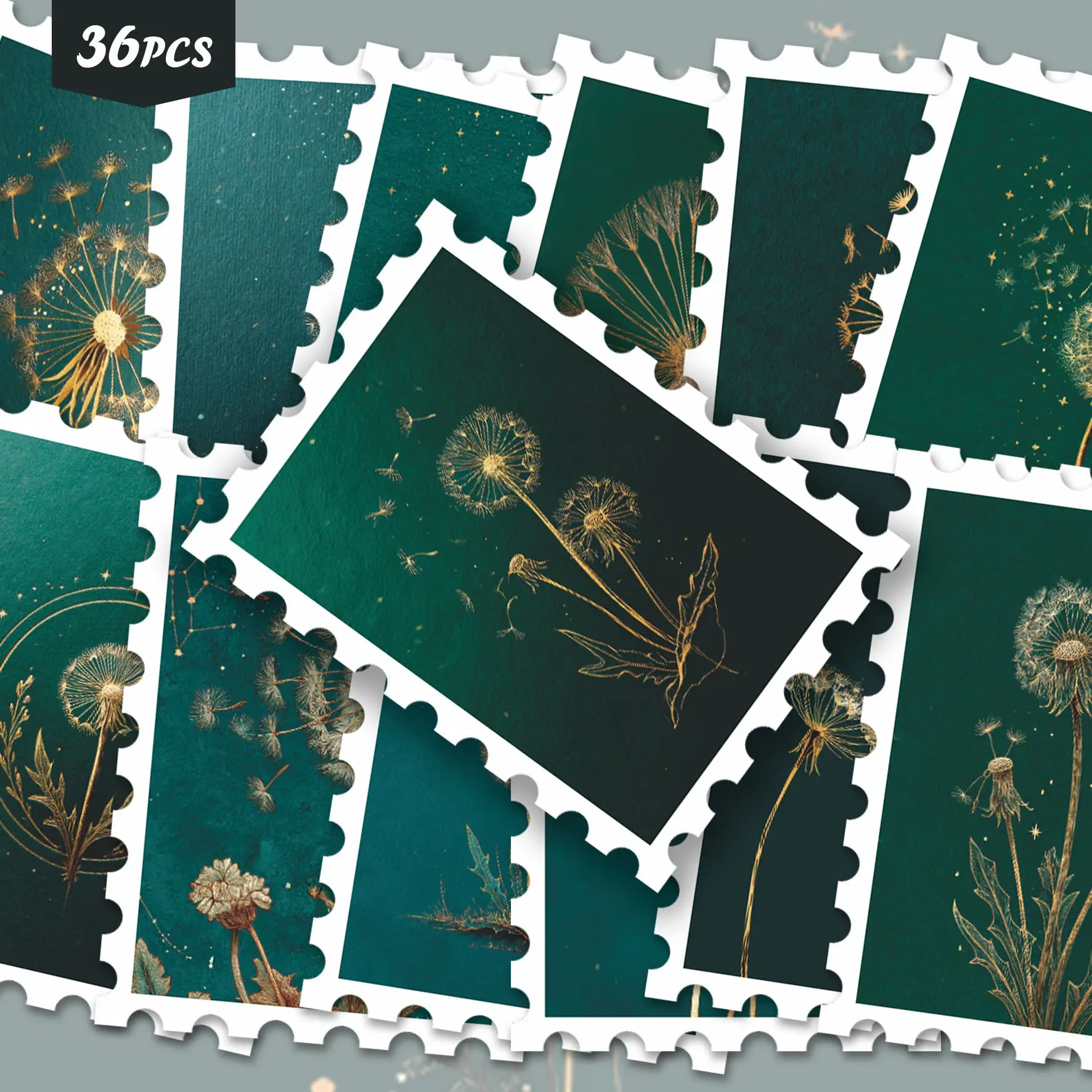36pcs Gold Line Dandelion Constellation Stickers Pack | Aesthetic Emerald Green Botanical Dark Tone Luxury Art Graphics | Vinyl for Journaling & Scrapbooking