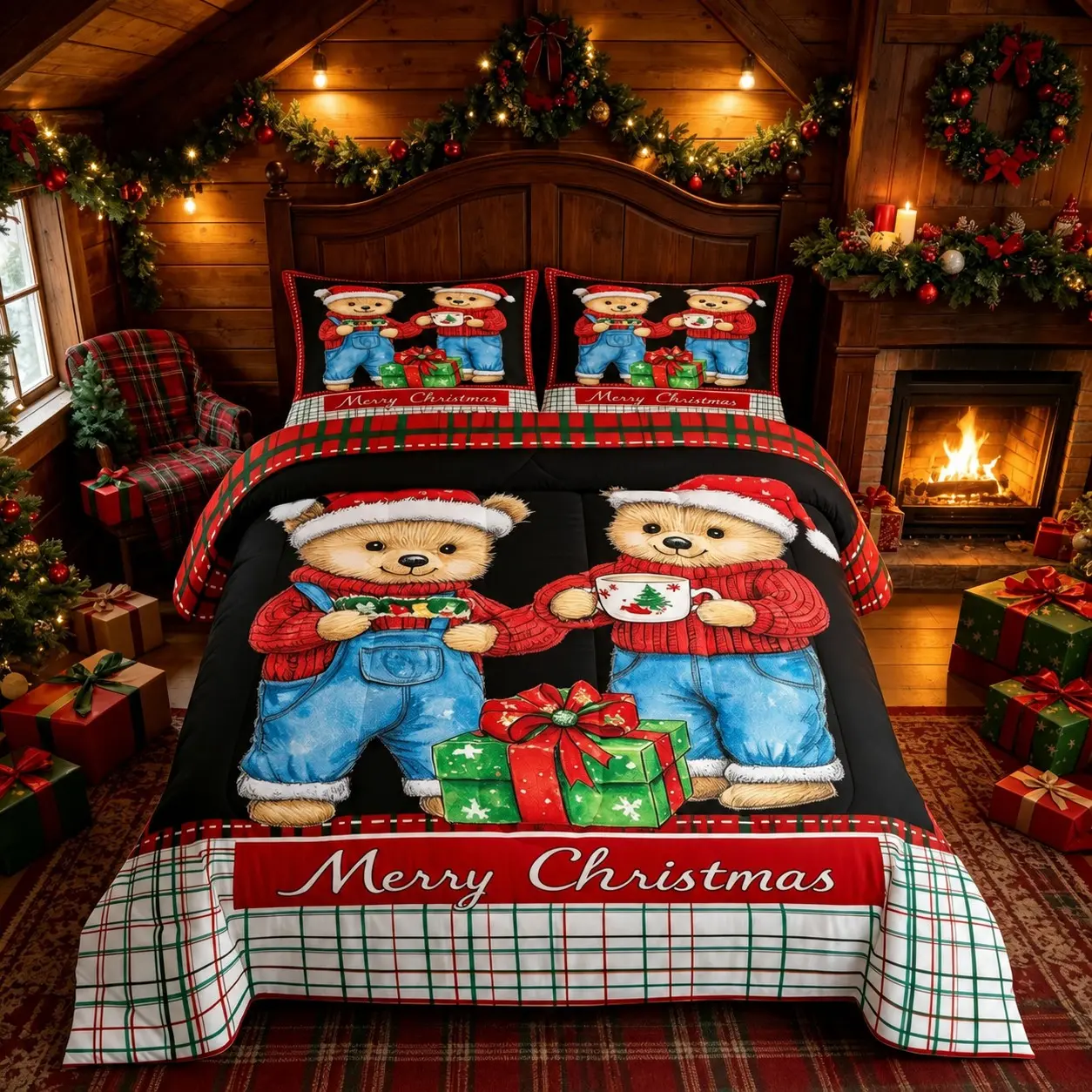3-Piece Christmas Kids Bedding Set, Standard Size, Cute Bear Design, Soft Polyester Fiber, Breathable, Ideal for All Seasons
