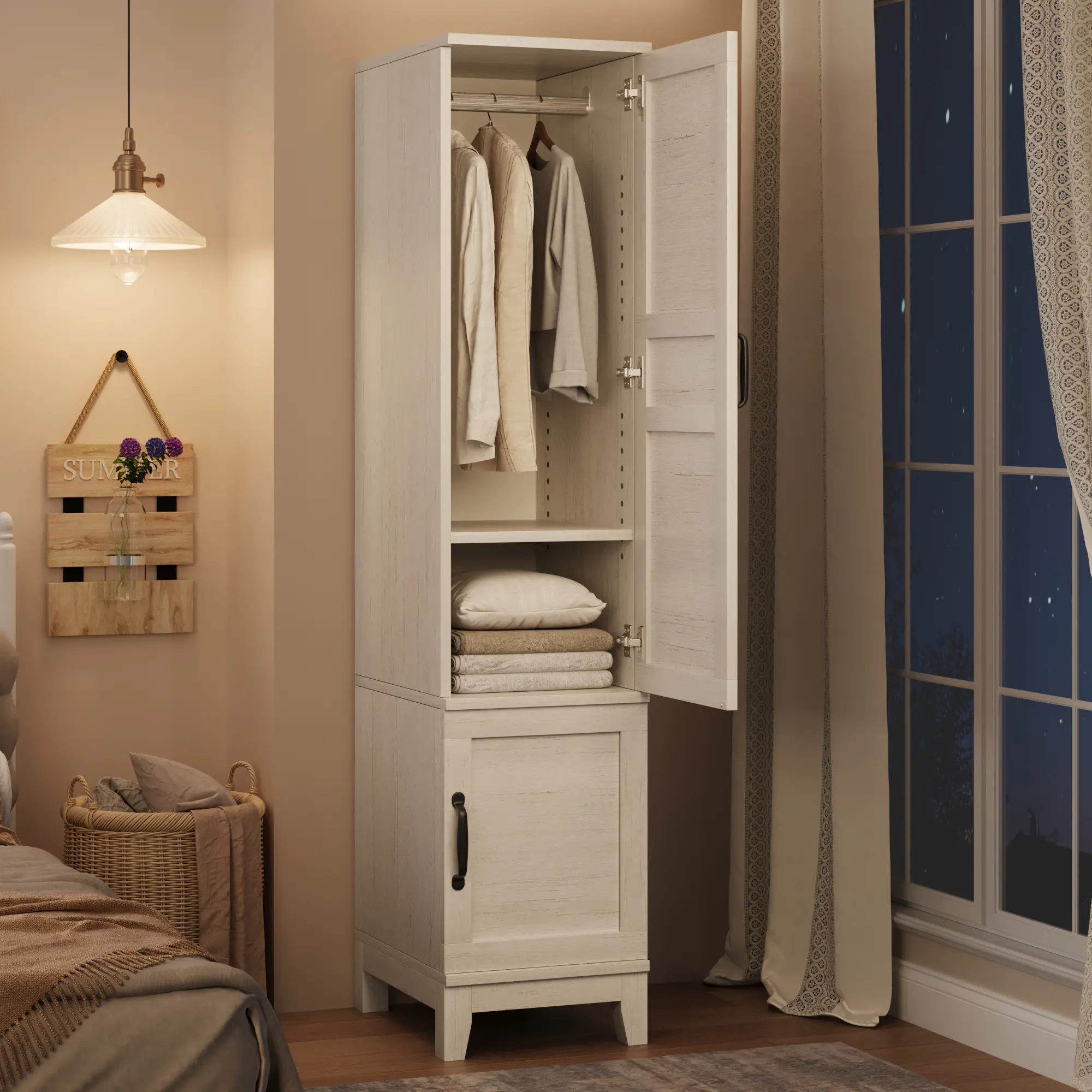 Heavy Duty Wooden Armoire Wardrobe Closet – 2 Doors, 72" Tall, Hanging Rod, 18 Adjustable Shelves, Narrow Bedroom Storage Organizer,Suitable for Kitchen, Bathroom, Living room