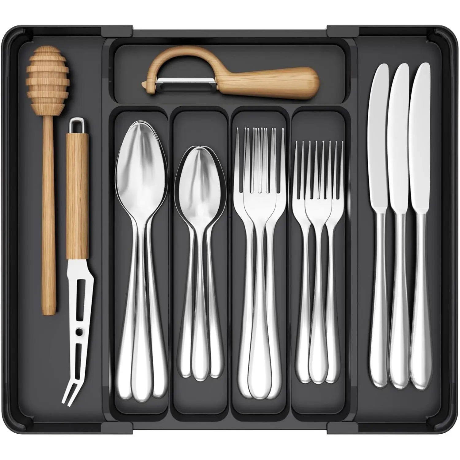 Silverware Organizer for Drawer, Expandable Utensil Tray,  Adjustable Cutlery Holder for Kitchen Storage, 8.1-13.9 x 11.3, Black