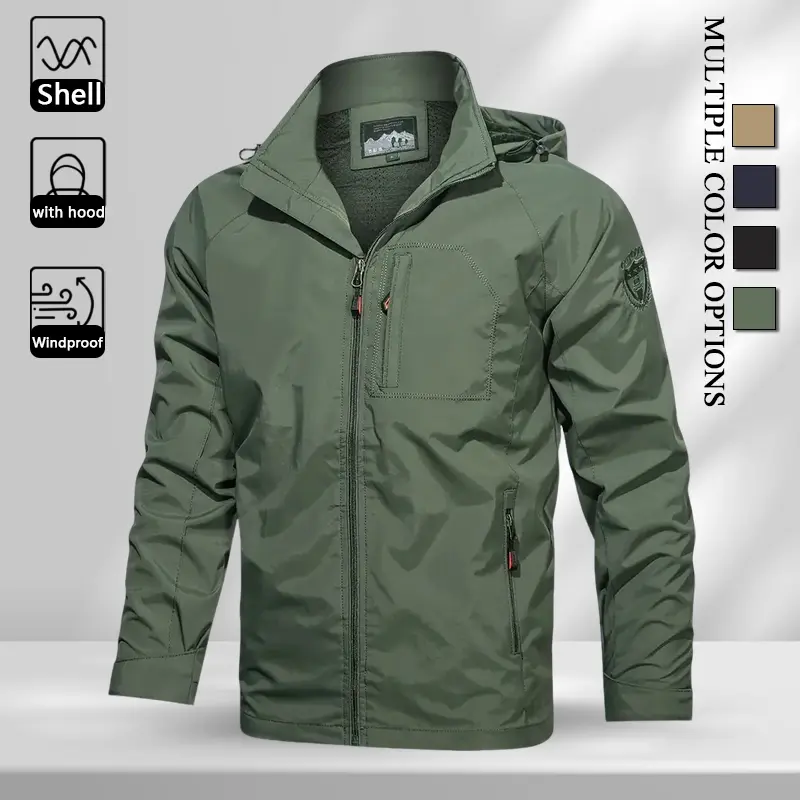 Multi Color Mens Solid Attached Fixed Hood Zip Wind Coat, Raglan Sleeve Arm Emblem Patch Light Breathable Windproof Fabric Jacket for Teenagers & Adult Outdoor Sports