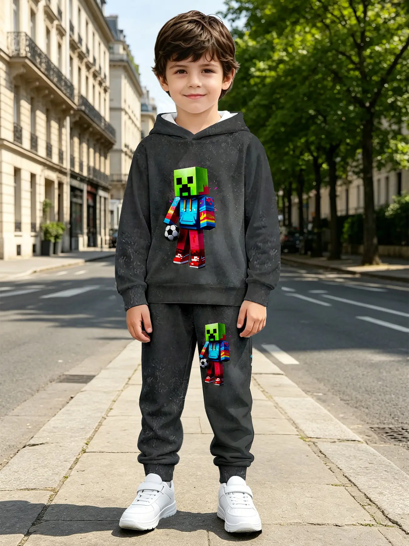 Unisex Pixel Football Zombie Set, Vintage Sweatshirt & Cuffed Pants, Casual Long Sleeve for Fall Winter