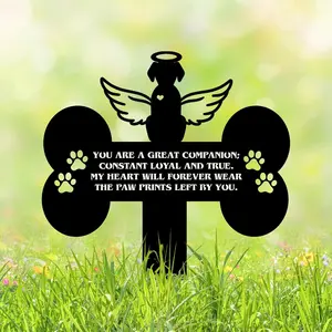 Dog Grave Marker Angel Cross-Pet Remembrance Gift for Loss of Dog, Weatherproof Metal Headstone for Yard, Garden or Indoor Memorial, 12in Sympathy Tribute Sign