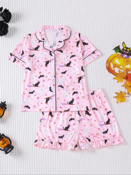 Halloween Children's 2-Piece Pajamas Set, New Halloween Bat Pumpkin Head Ghost Star Cardigan Short Sleeve Shorts,'s Medium and Large Pajamas for Party, Daily Wear, Vacation Home Clothes 2-Piece Pajamas Set