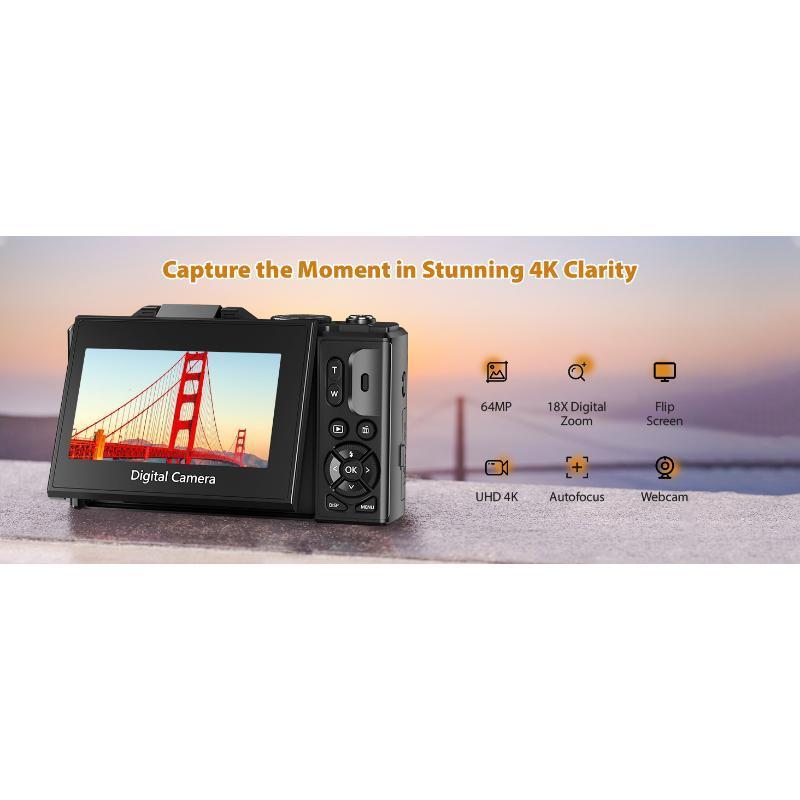 Cameras for Photography, 4K 64MP Digital Vlogging Camera YouTube with 3" 180° Flip Screen, Compact WiFi 18X Zoom, 32GB Micro SD Card & 2 Batteries