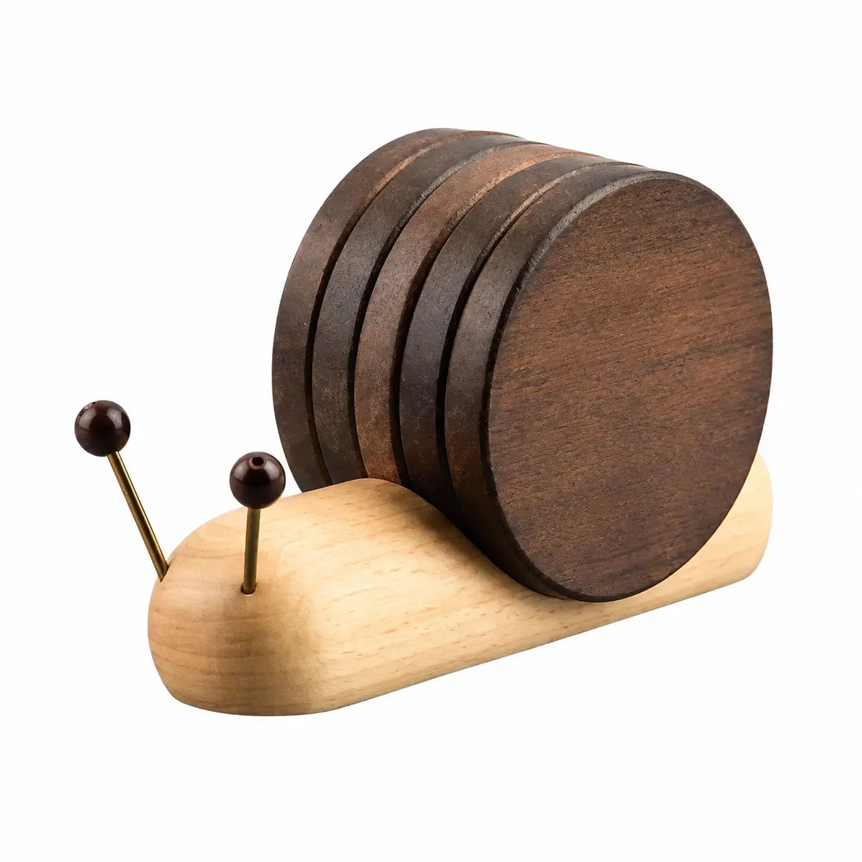 Five-Piece Natural Black Walnut Snail-Shaped Drink Coasters – Heat-Resistant Wooden Table Protectors for Coffee, Tea, and Home Decor – Eco-Friendly, Smooth-Finished, Compact Design for Modern Living Spaces