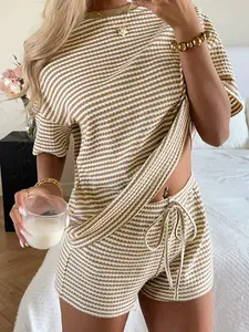Women's Comfortable Striped Summer Set, Includes Short Sleeve T-Shirt and Drawstring Waist Shorts, Cozy Lounge Wear for Daily Use