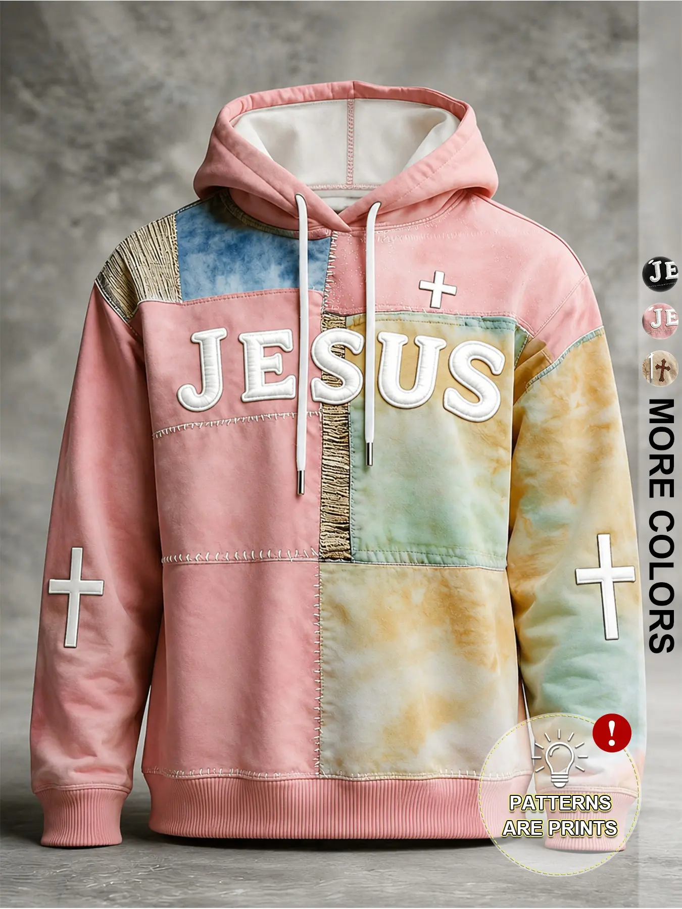 2026 Hot Selling Unisex JESUS Cross Patchwork Hoodie, Tie Dye Color Block Stitched Print Hooded Sweatshirt, Vintage Loose Long Sleeve Streetwear Pullover, Y2K Gothic Casual Top For Hip Hop Daily Outdoor Dating Spring Autumn Fashion Outfits