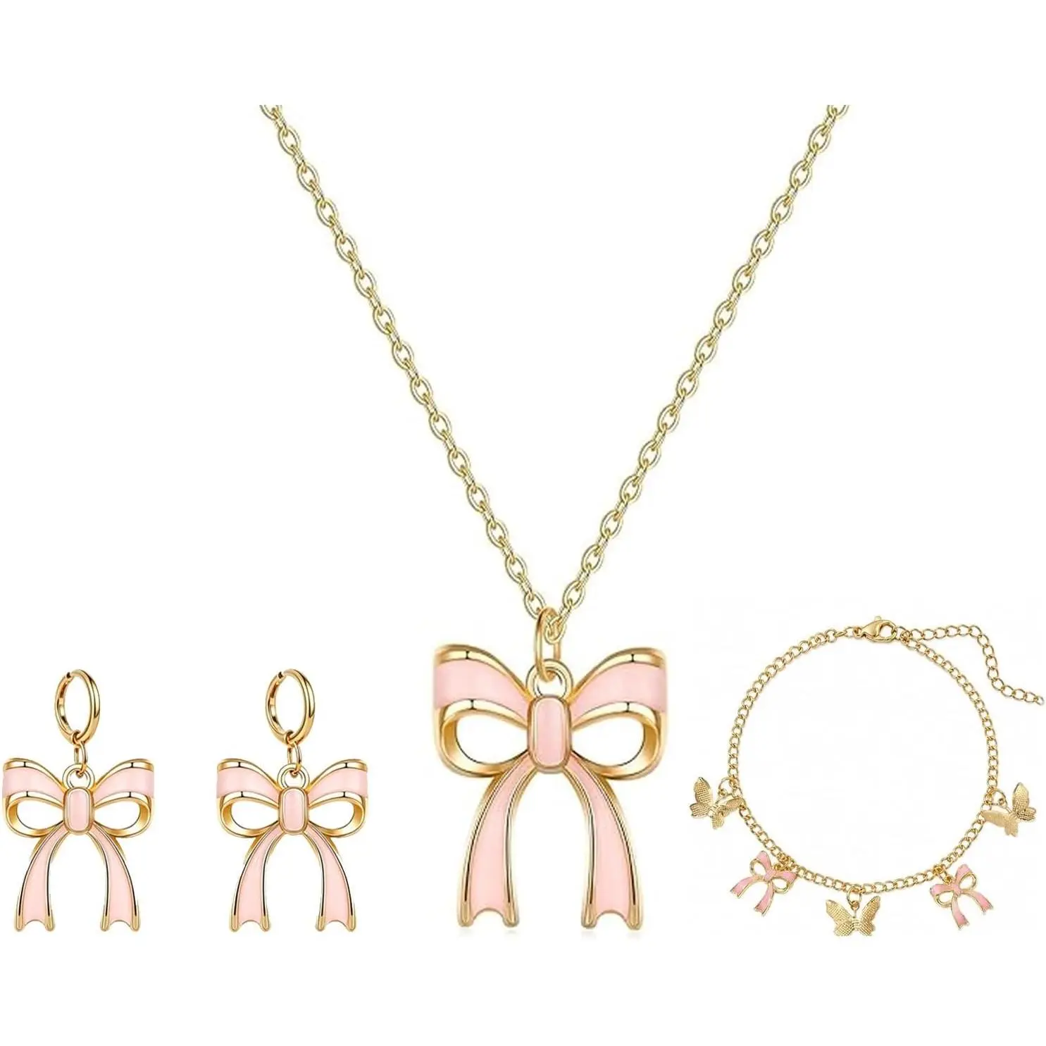 3 count Bow  Set, Ribbon Necklace Earrings Bracelet  Style | 3 count ribbon bow set,necklace, earrings & bracelet,polished  balletcore style,ribbon-knot daily wear