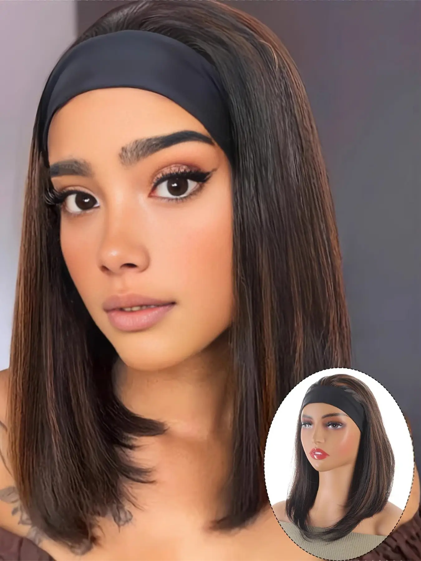 Women's and Highlighted Hair Wigs, Medium-Length Straight Hair Wigs, Tie-Back Design, Natural Look, Easy to Wear, Synthetic Wig
