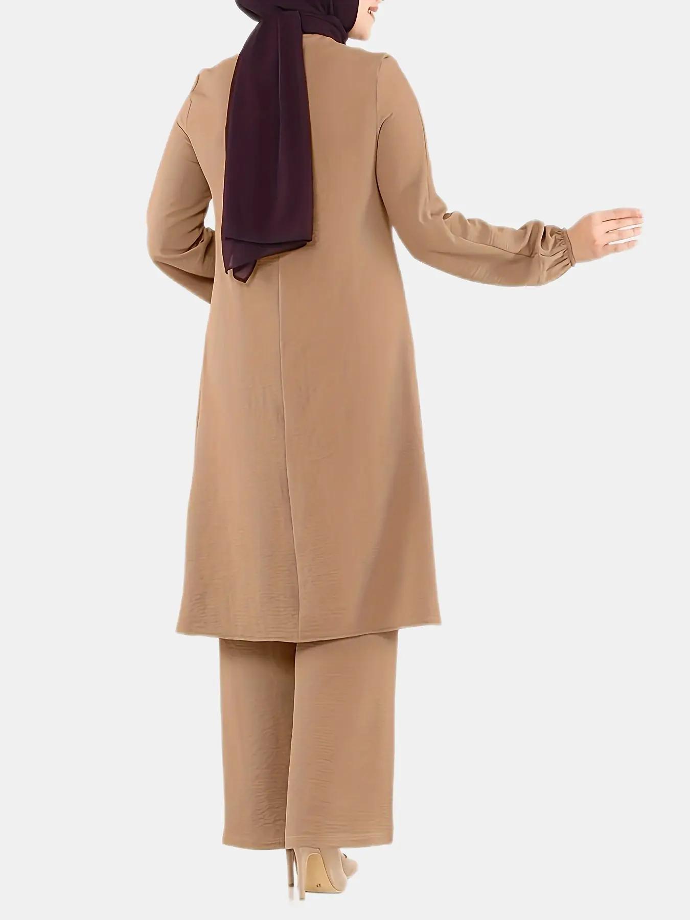 Women's Plain Contrast Sequin Bishop Sleeve Round Neck Tunic Top & Wide-Leg Pants Islamic Set, Chic Modest Casual Long-Sleeve Muslim Top & Trousers Two-Piece Set for Daily Wear, Women's Islamic Clothing for All Seasons, Outfit Set for Women