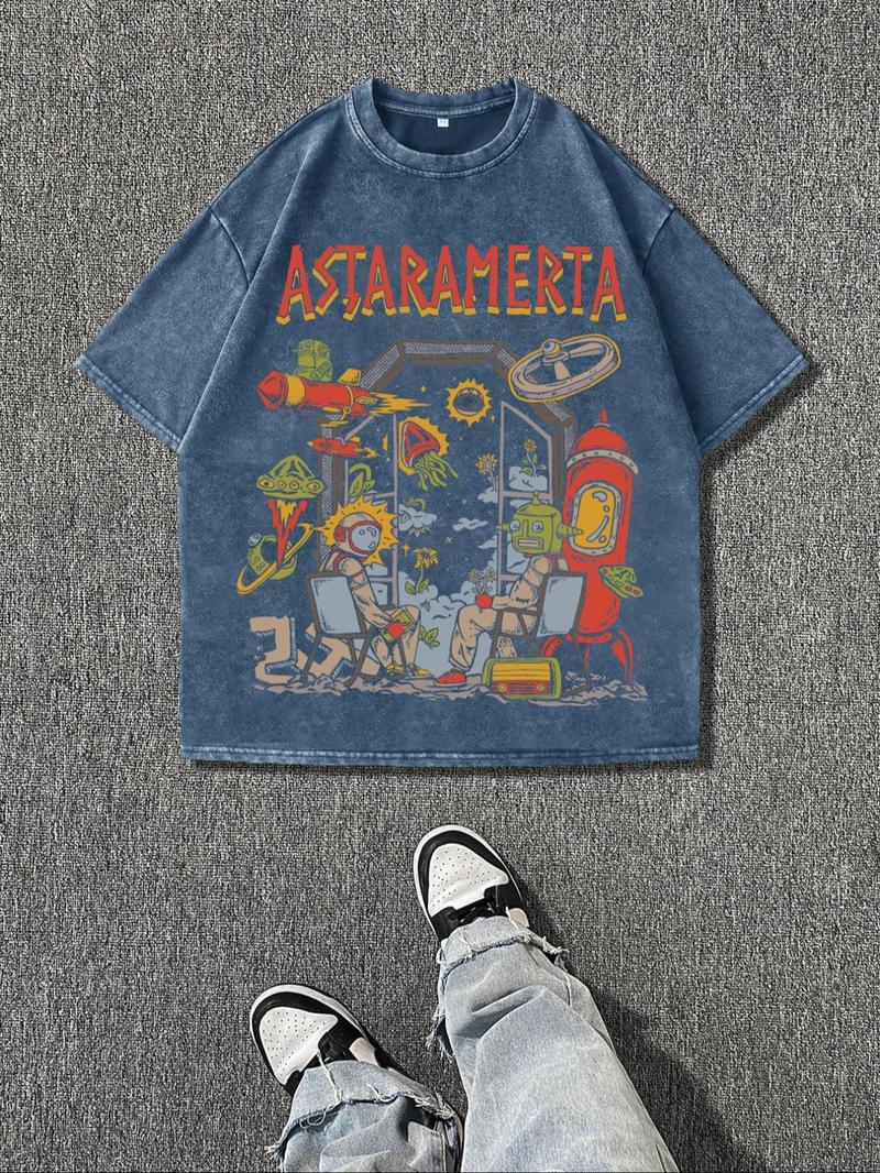 Men's Cartoon Astronaut & Letter Print Short Sleeve T-Shirt, Regular Fit Casual Retro Round Neck Tee for Summer, Men's Top for Daily Wear, Cotton