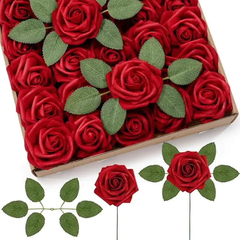 LDSK Artificial Flowers, Decorative Faux Flower, 25 Pcs Ivory Foam Real Looking Roses with Stems, for DIY Wedding Bouquets, Centerpieces Arrangements, Party Baby Shower Valentines Day Christmas Tree Decorations