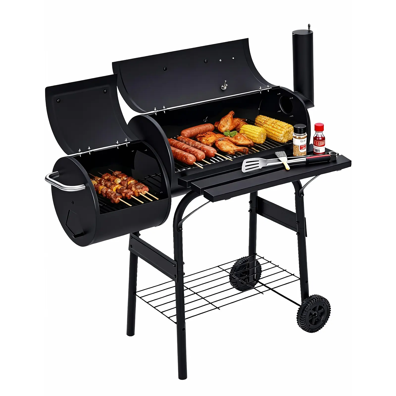 Stainless Steel Charcoal Grill with Offset Smoker Combo, 358 Sq In Outdoor Barrel Grill with Handles, Rack, Wheels for Patio Backyard Camping