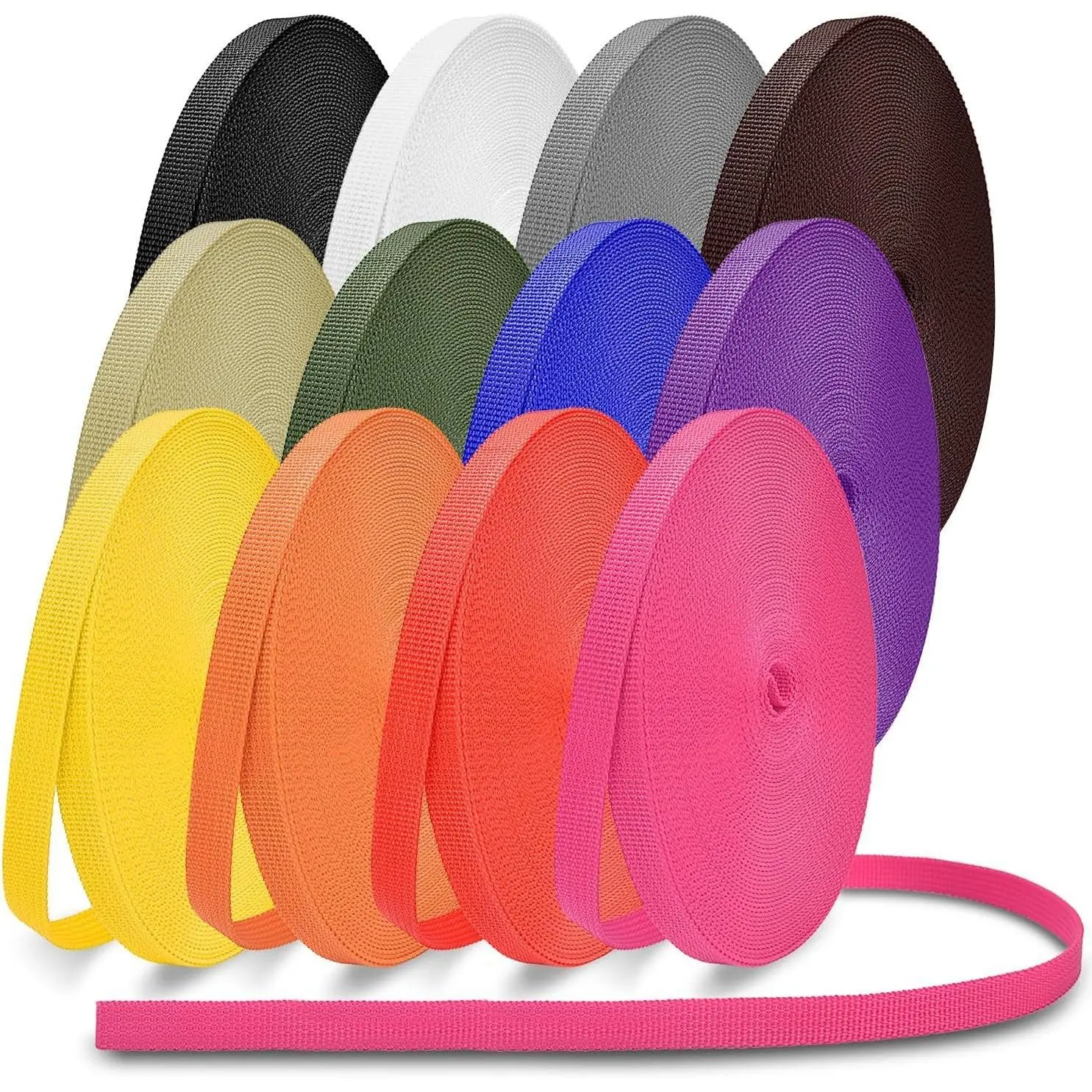 60 Yards Nylon Webbing Strap, Multiple Sizes 3/8" 3/4" 1" 1-1/2", 12 Rolls with 12 Colors for Indoor Outdoor Gear, DIY Crafting and Repairing