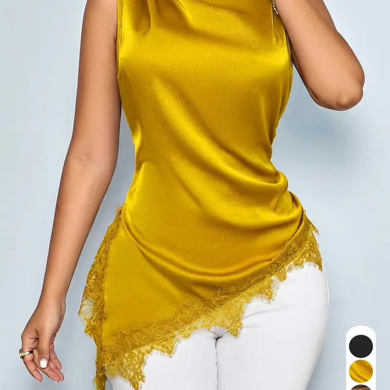 【Black Friday】Summer Women's Casual Elegant Solid-Color Lace Trim Tank Top, Asymmetrical Sleeveless Boat Neck Top, Ideal for Daily Wear and Commuting