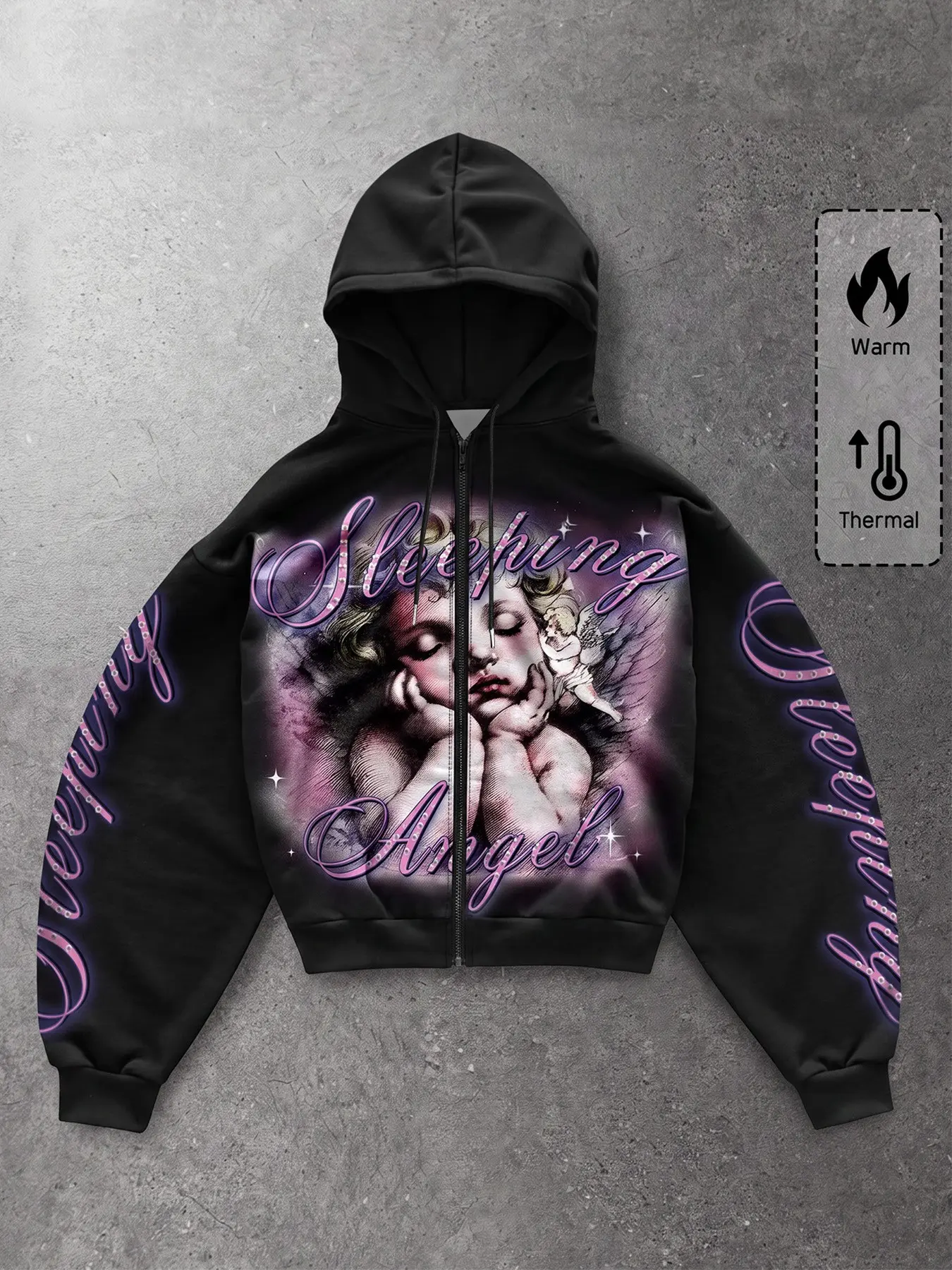 Y2K Gothic Street Style Men's Warm Full-Zip Hoodie, Vintage Sleeping Angel Pattern, Rhinestone Neon Font, Loose Fit Jacket for Winter