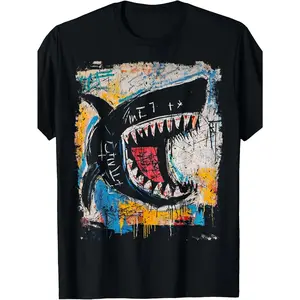 Pop Art Style Shark Graffiti T-Shirt for Men, Unisex, 2026 Summer Short-Sleeve Printed T-Shirt, 180G
