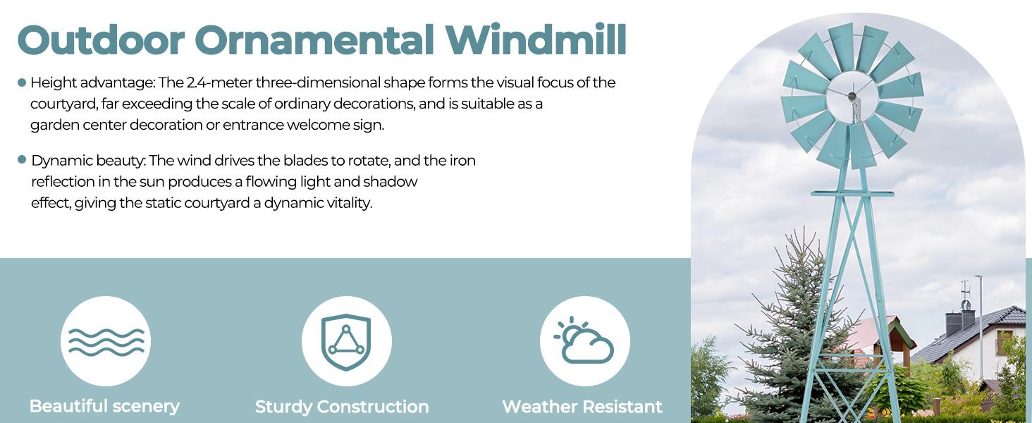 Outvita 8FT Ornamental Windmill, Heavy Duty Durable Metal Weather Vane Garden Decoration Weather Resistant for Garden, Yard, Farm, Seaside