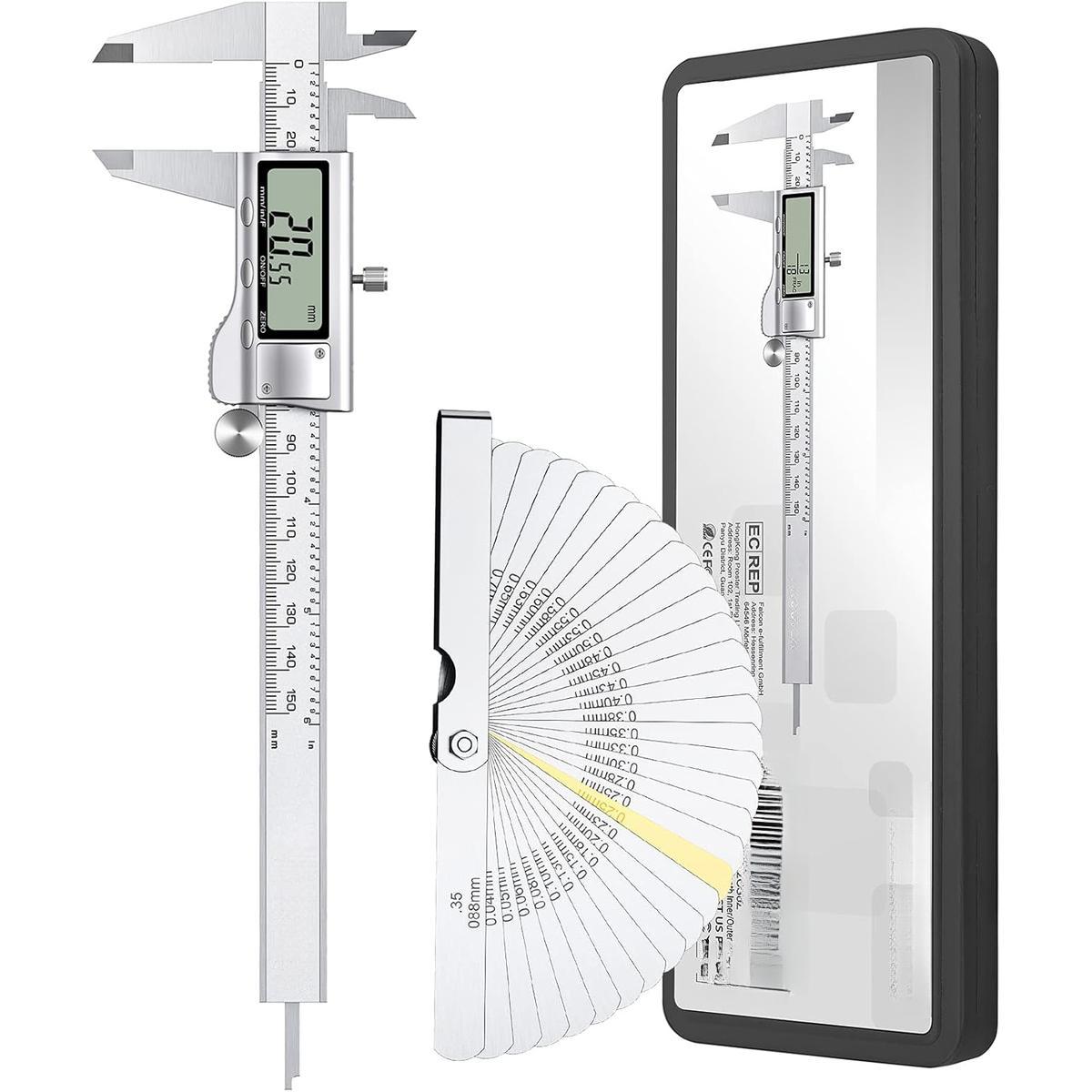 Digital Vernier Caliper 6inch/150mm + 32 Feeler Gauges Dial Caliper Caliper Fraction/Inch/Metric Electronic Caliper Measuring Tool for Length Width Depth Inner Outer Diameter