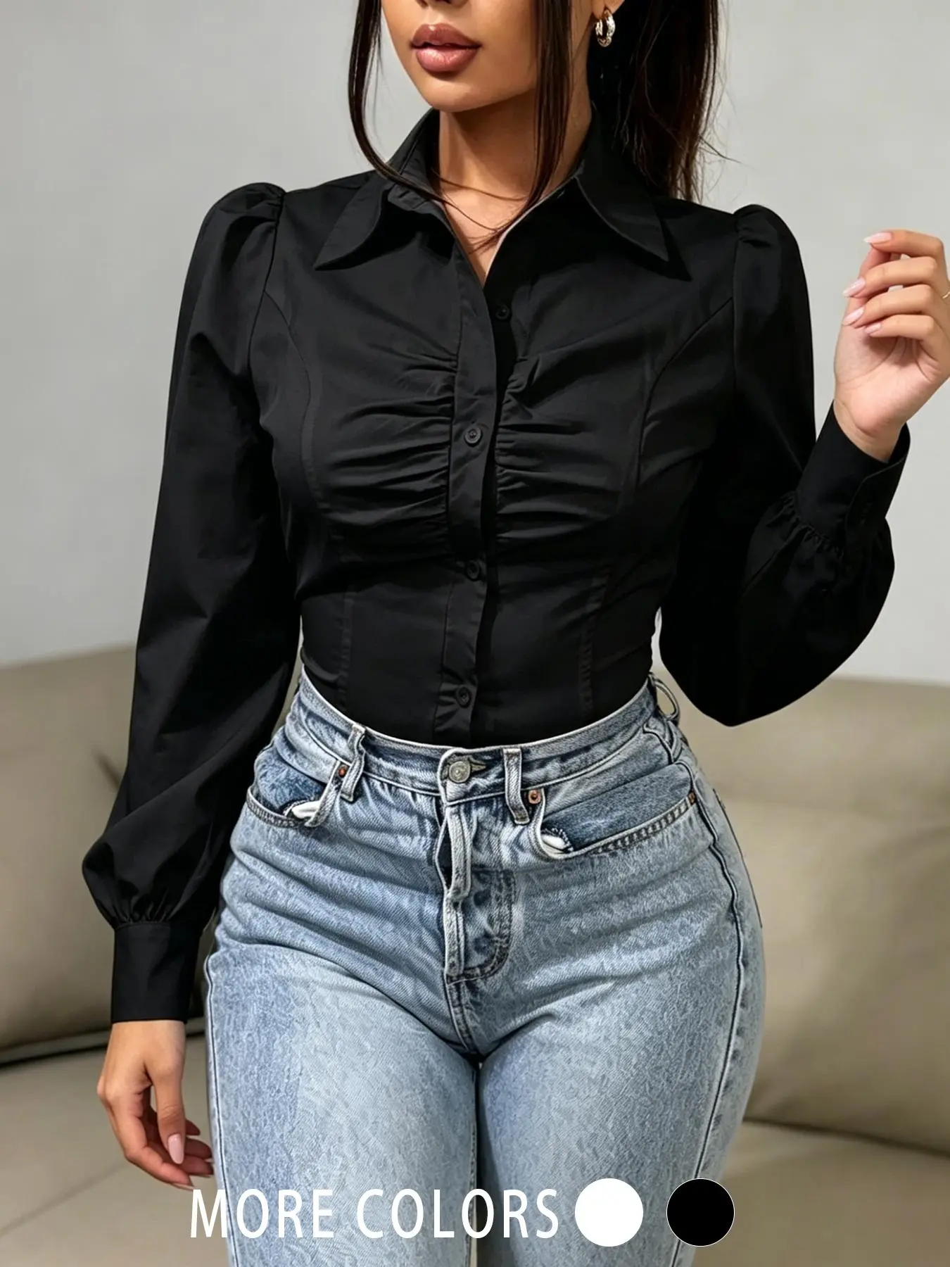 A fashionable and simple women's long sleeved top with a lapel collar and bubble sleeves that optimize the waistline, suitable for commuting, indoor and outdoor wear, Buttoned Collared