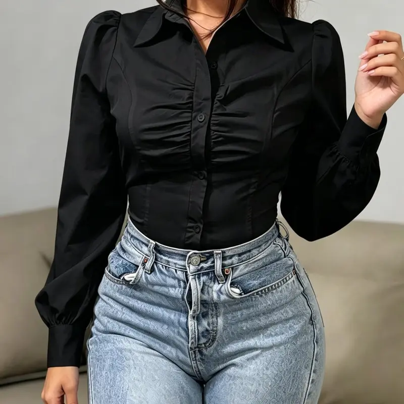 A fashionable and simple women's long sleeved top Shirts with a lapel collar and bubble sleeves that optimize the waistline, suitable for commuting, indoor and outdoor wear