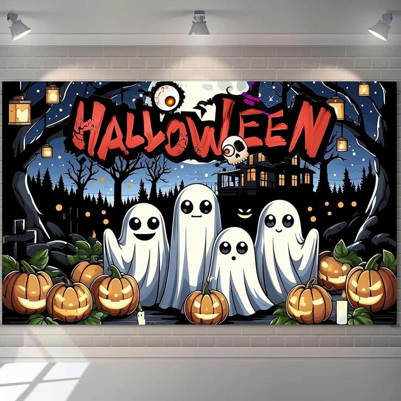 Tapestry Halloween Ghost Banner Backdrop Cute Cartoon Ghosts and Pumpkins Tapestry with Haunted House, Trees and Candles for Kids Trick or Treat Party Wall Decoration Ornaments Mixed Color