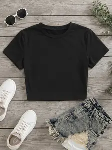 Women Solid Black Crew Neck Crop Top Stretch Slim Short Sleeve Basic Y2K Aesthetic Casual Daily Undershirt