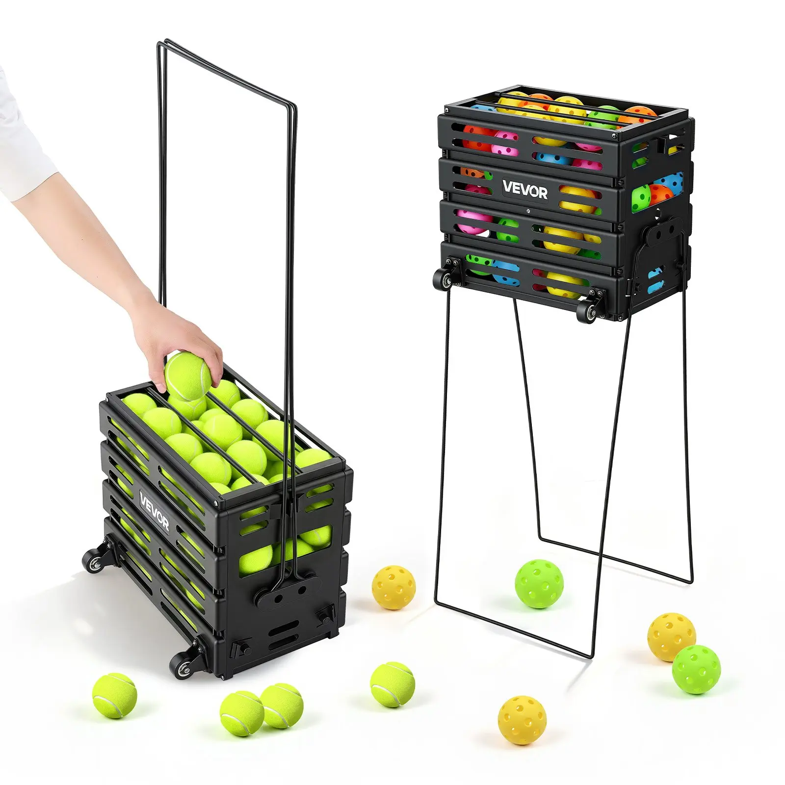 VEVOR Plastic Tennis Ball Hopper - 80 Balls Capacity, 2-in-1 Convertible Handle, Wheeled Pickleball Cart, Long-Lasting Construction, Portable Collection Caddy for Training Carrying Storage, Holds 80 Tennis Balls