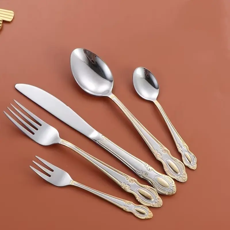 Vintage Relief Stainless Steel Fork Set, Portable Storage Bag, Home Outdoor Travel Cutlery, Elegant Design