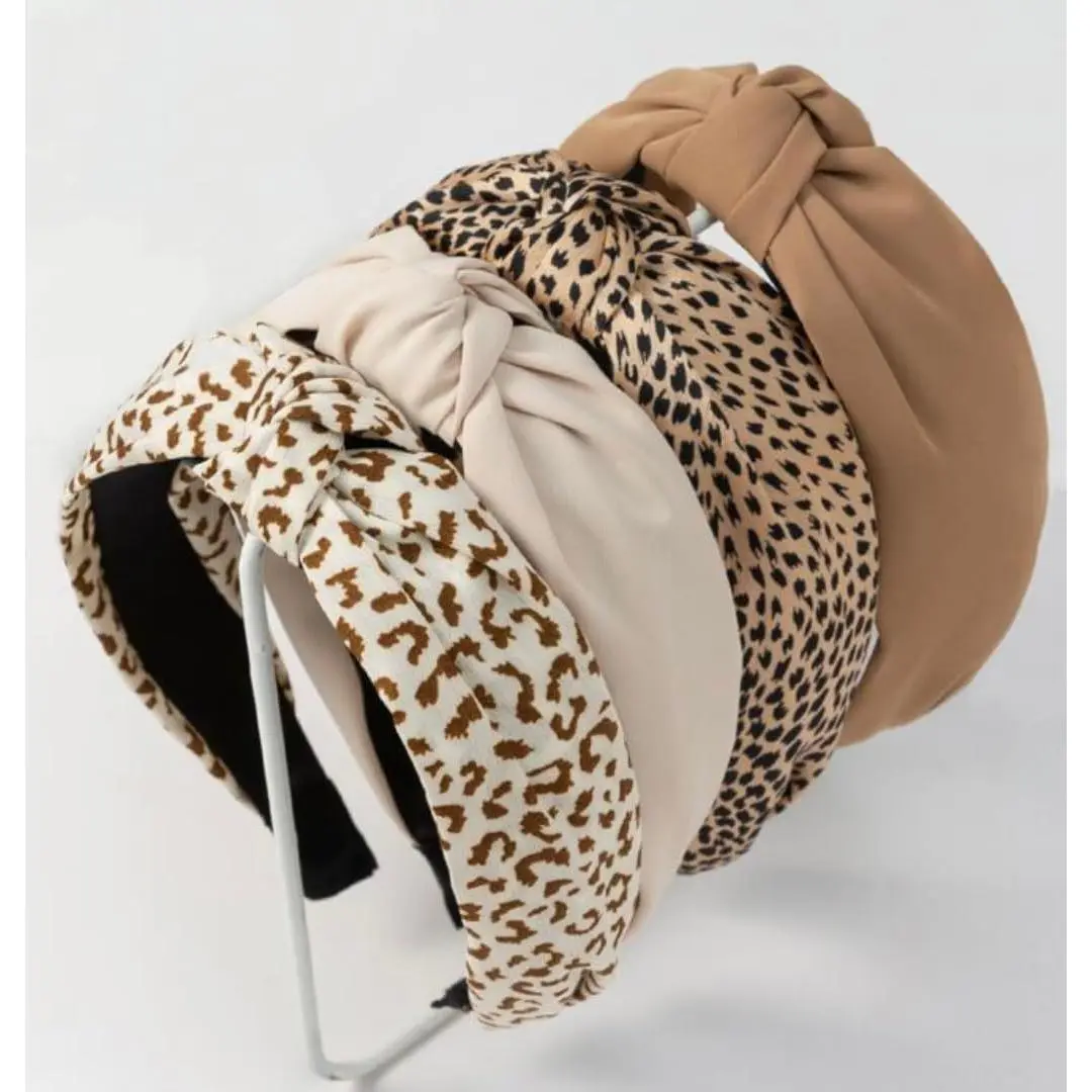 Knotted Fashion Hairbands and Hair Hoops: Non-Slip Top Knot Headbands with Leopard Print for Women and Girls - 4 count Beige Brown Hair Accessories Set