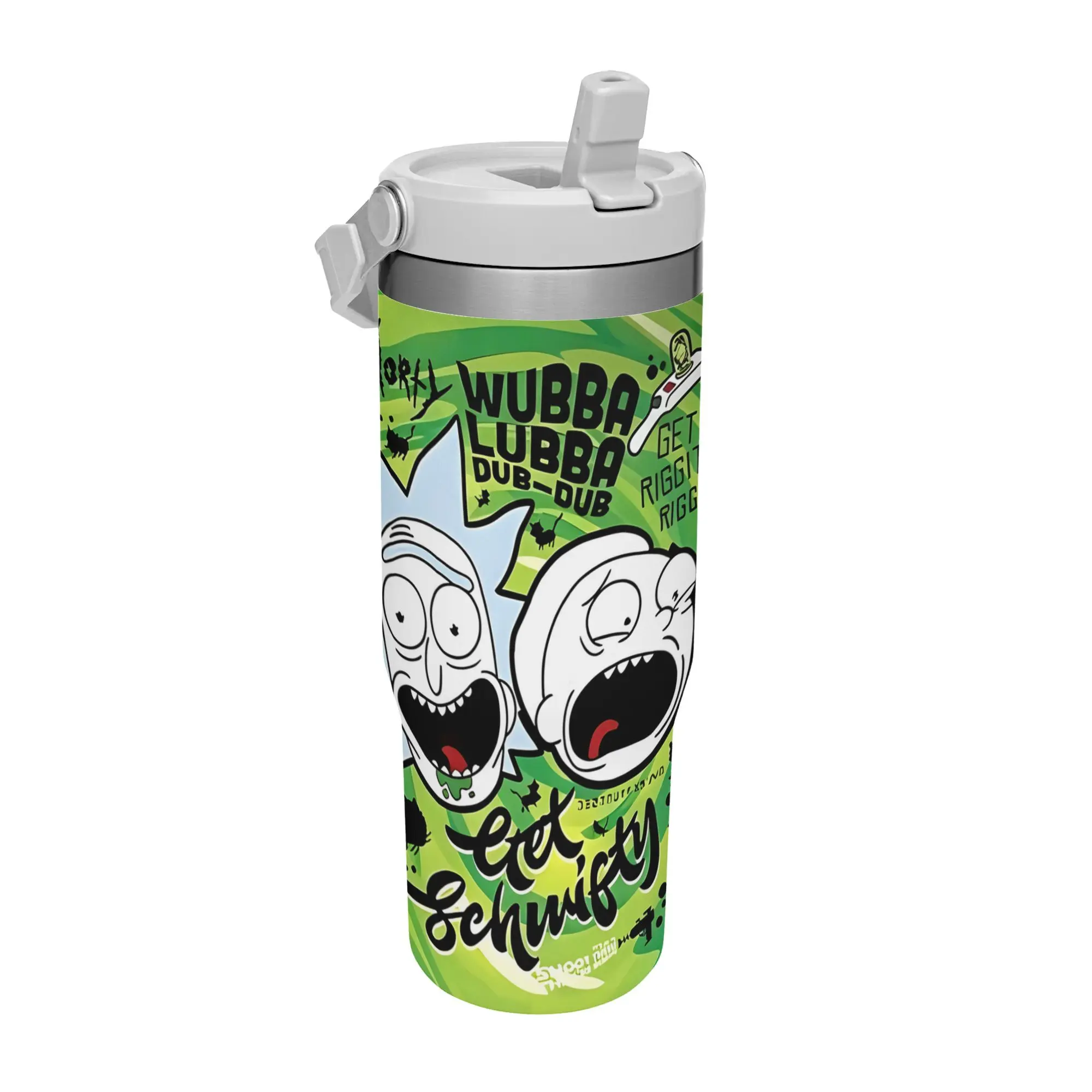 【Back to School】Warner Bros.  Rick and Morty Wubba Lubba Dub Dub Flip Straw Tumbler 30oz Stainless Steel Vacuum Mug, Leakproof Travel Iced Coffee Cup, Green Portal Graffiti Cartoon, Adult Sci-Fi Fan Gift