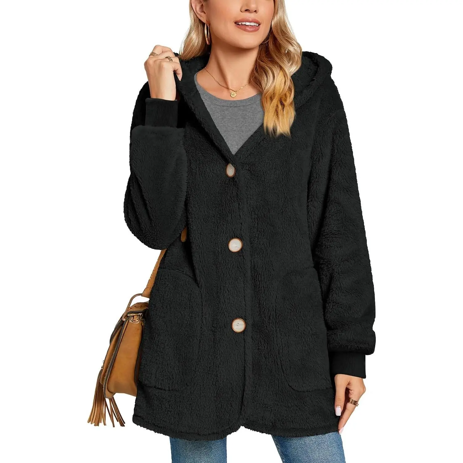 Warm Fleece Jackets for Women, Fuzzy Hooded Casual Coats Lidies 2025 Cardigan Sweaters Outerwear with Pockets