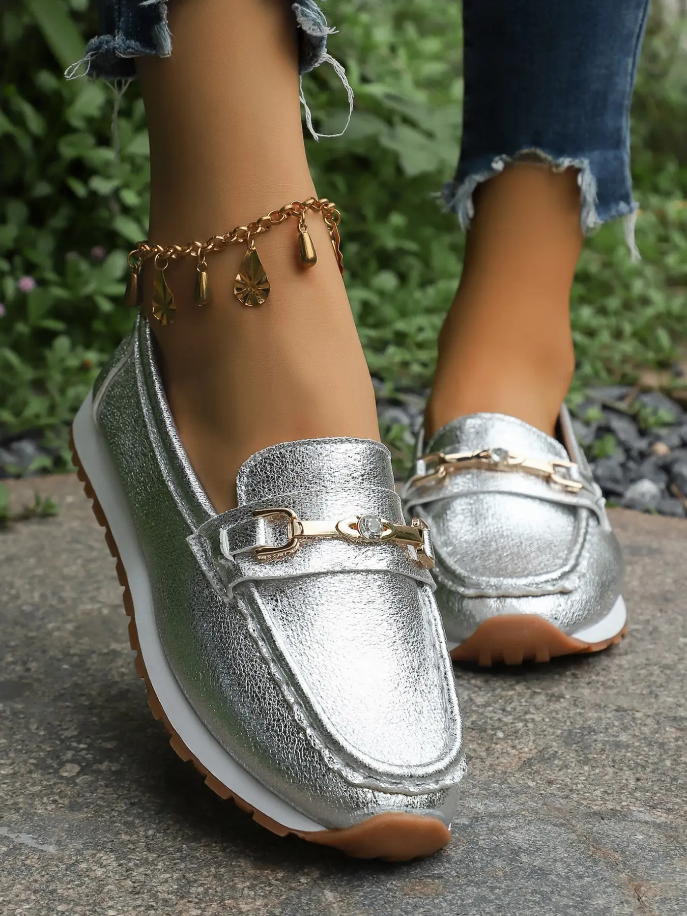 Plus Size 35-43,Multiple Colors Available,2026 New All Season Wear,Metallic Shiny Decor Buckle Flatform Platform Loafers,Soft Sole Soft Upper Breathable Low Heel Slip On Comfort Casual Lazy Shoes,Women Versatile Flats For Office Commute,Shopping Trip