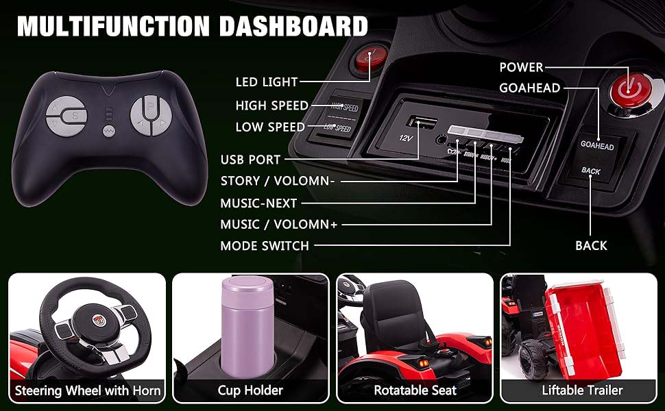 GARVEE 3-in-1 Ride-On Tractor, 24V Electric, Excavator & Bulldozer, Remote Control, LED, Music, USB/Bluetooth max 66 lbs - Bright-yellow