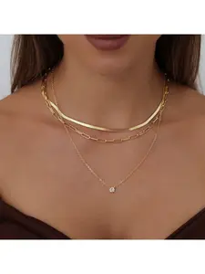 18K Gold Plated Stainless Steel 3 Layered Necklace for Women, Stacking Necklace, Herringbone Paperclip Chain with Solitaire CZ Pendant, Layered Chain Necklaces, Waterproof Tarnish Resistant Minimalist Jewelry for Daily Wear, Office and Gifting
