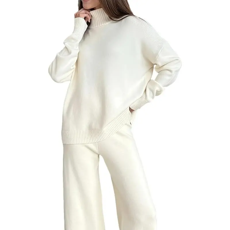 Women's 2pcs Winter Sweatsuit Set - Oversized Turtleneck Sweater & Wide-Leg Pants, Soft Beige Solid Color, Cozy Casual to Formal Outfit, Minimalist Elegant Design, Easy Care (Hand Wash/Dry Clean) - Versatile Everyday & Formal Wear, White Sweater with