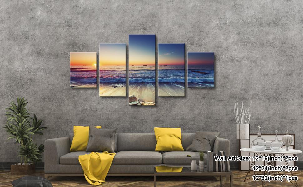 5 Piece Large Modern Seascape Artwork Gallery Wrapped Ocean Sea Beach Pictures Canvas Prints Waves Paintings on Canvas Wall Art for Living Room Bedroom Home Decorations L